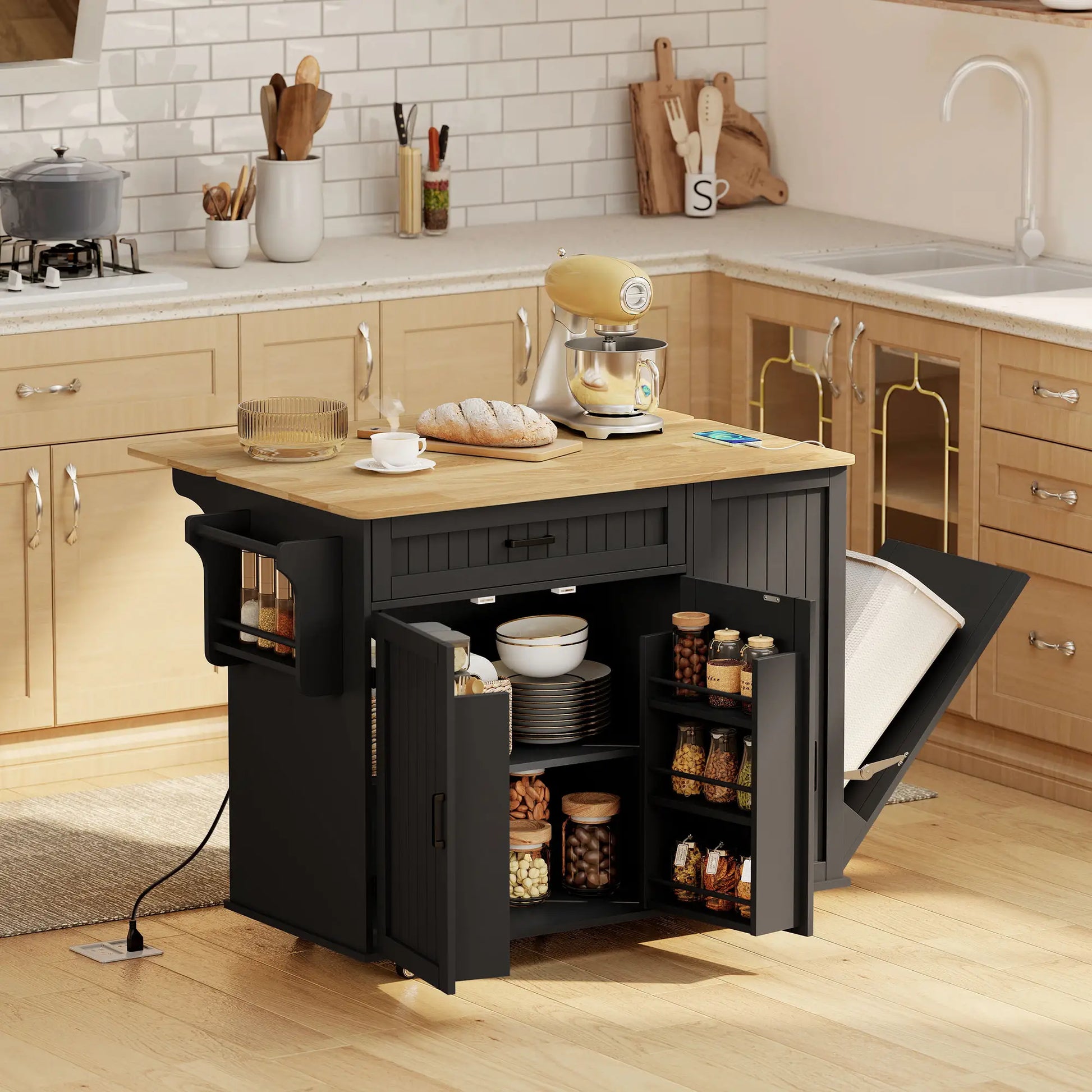 Kitchen Island Cart, Portable Table with Charging Station, Rubber Wood Drop Leaf, Trash Storage, Black Kitchen Islands & Kitchen Carts at Gallery Canada