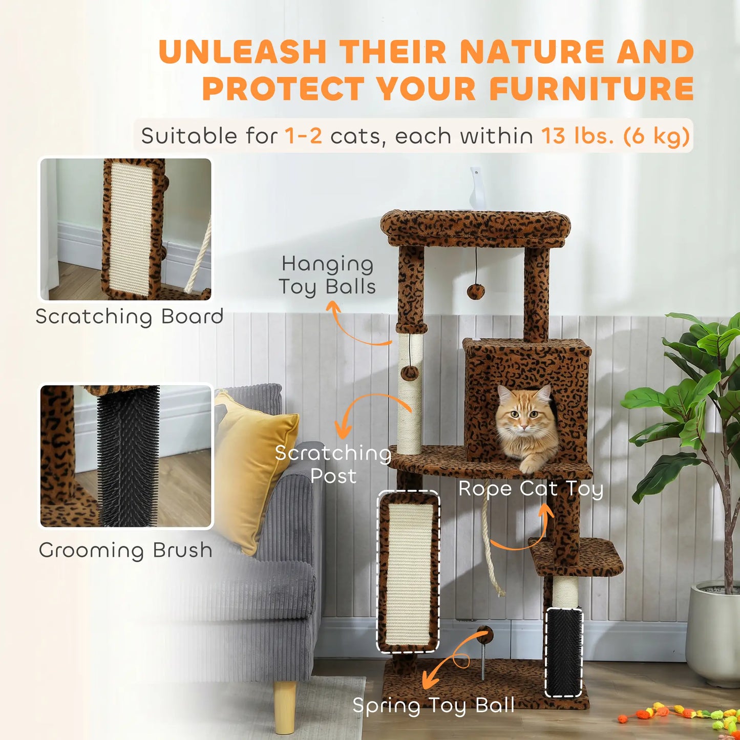 52 Inch Cat Tree With Scratching Posts, Bed, Condo