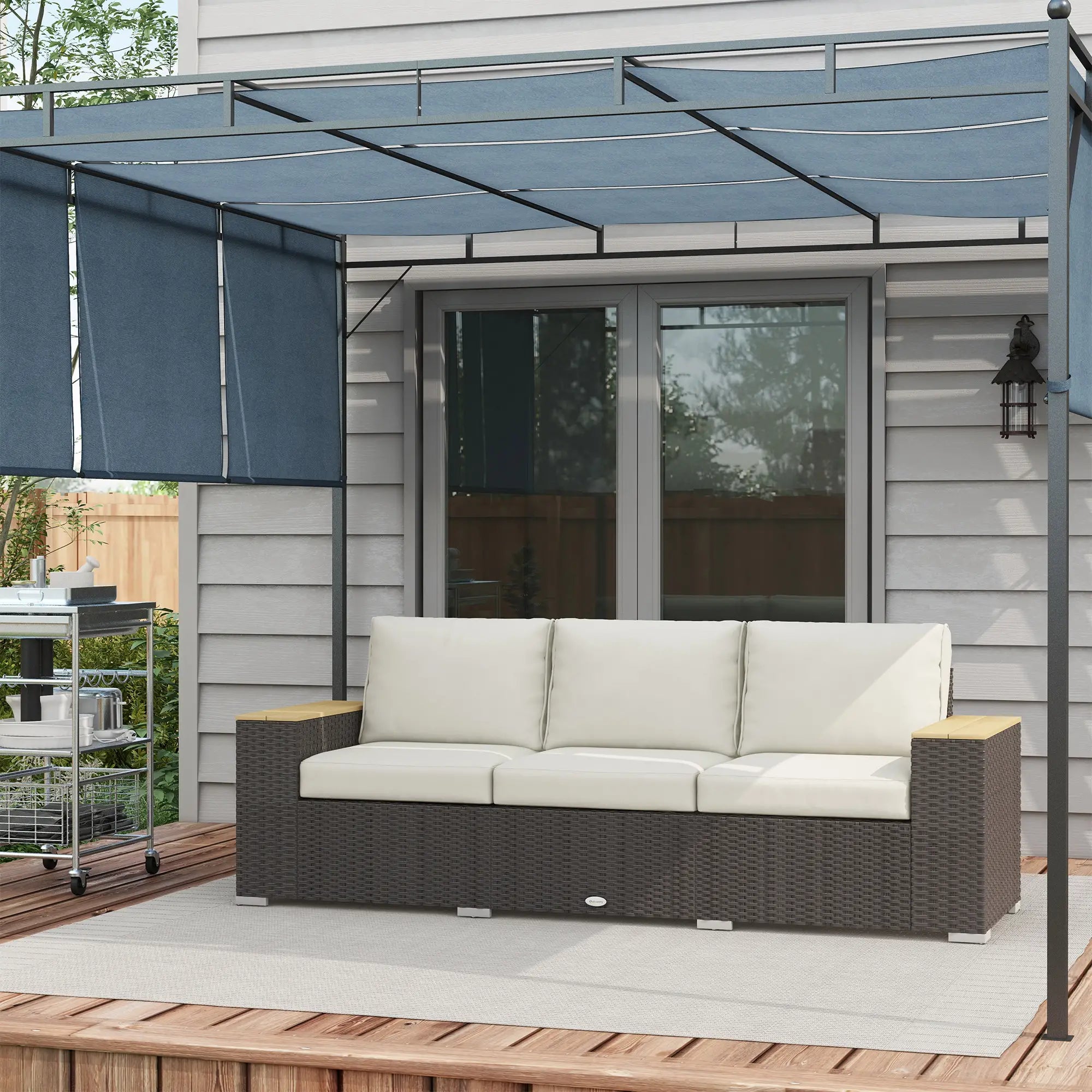 3-Seat Outdoor Couch with Cushions, PE Rattan, Wood Grain Armrests, Cream White Patio Furniture Sets at Gallery Canada