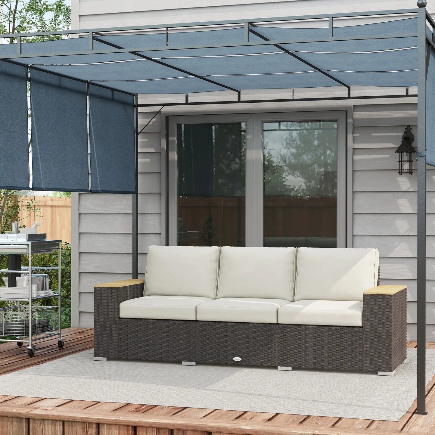 3-Seat Outdoor Couch with Cushions, PE Rattan, Wood Grain Armrests, Cream White Patio Furniture Sets at Gallery Canada