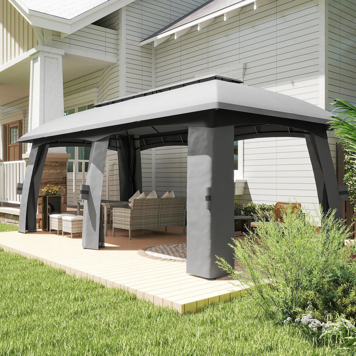 10' x 20' Outdoor Gazebo, Garden Canopy Shelter with Netting, Dark Grey Gazebos at Gallery Canada