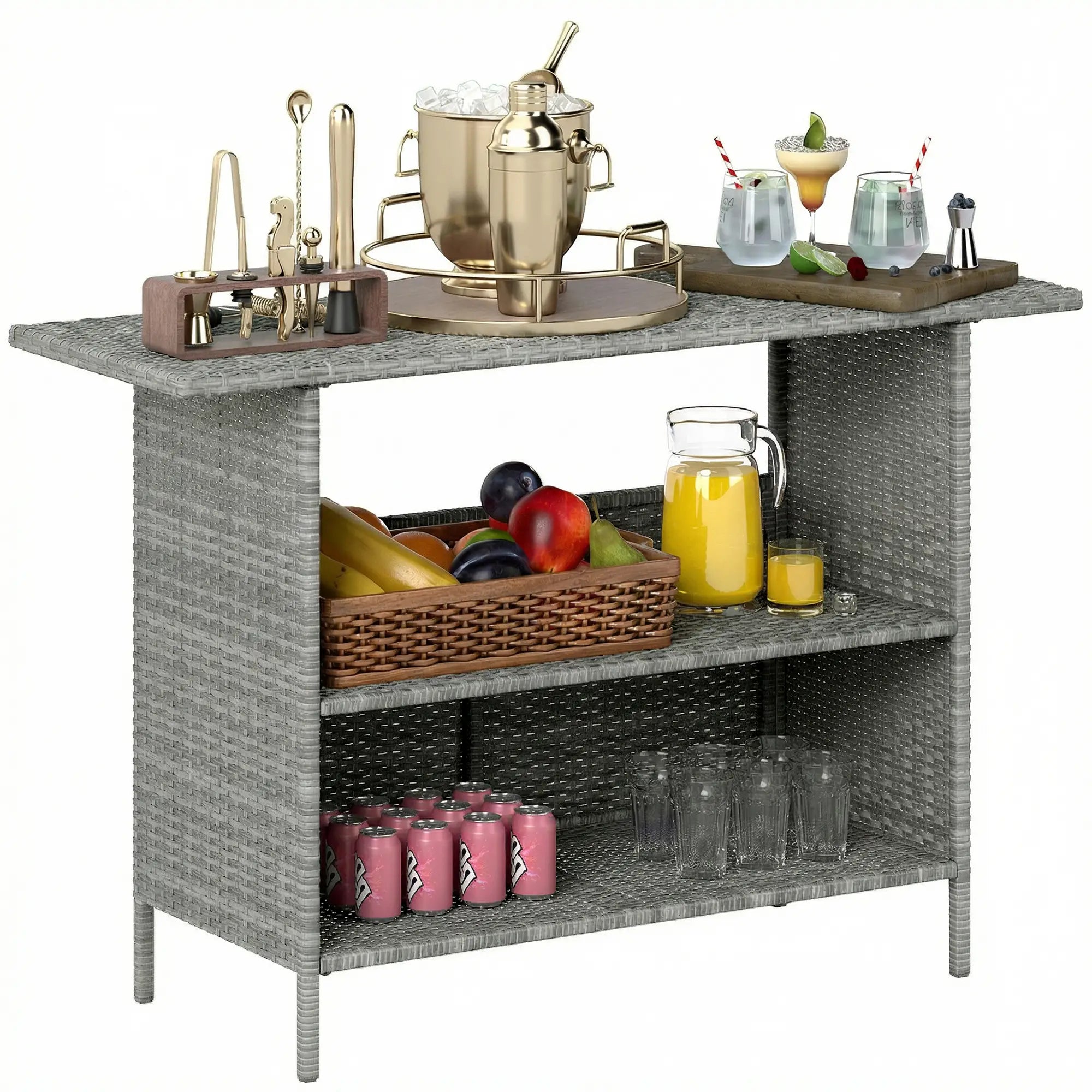 Wicker Outdoor Bar Table, PE Rattan, 2 Shelves, Steel Frame, Dark Grey, Dark Grey Patio Side Tables at Gallery Canada