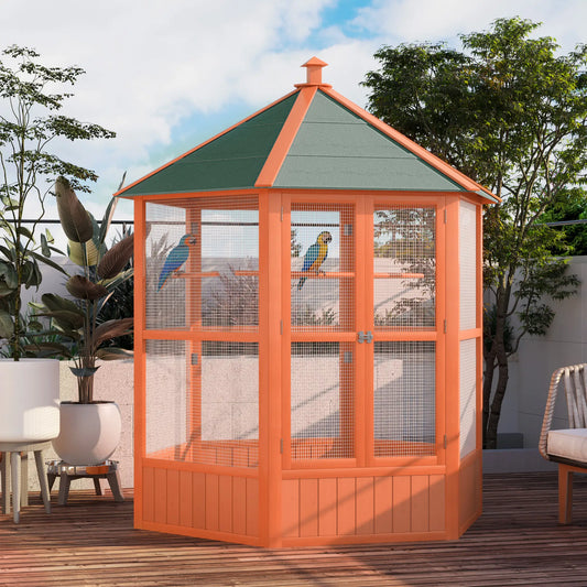 70"H Hexagonal Wooden Bird Cage, Outdoor Aviary with Doors Bird Cages Brown at Gallery Canada