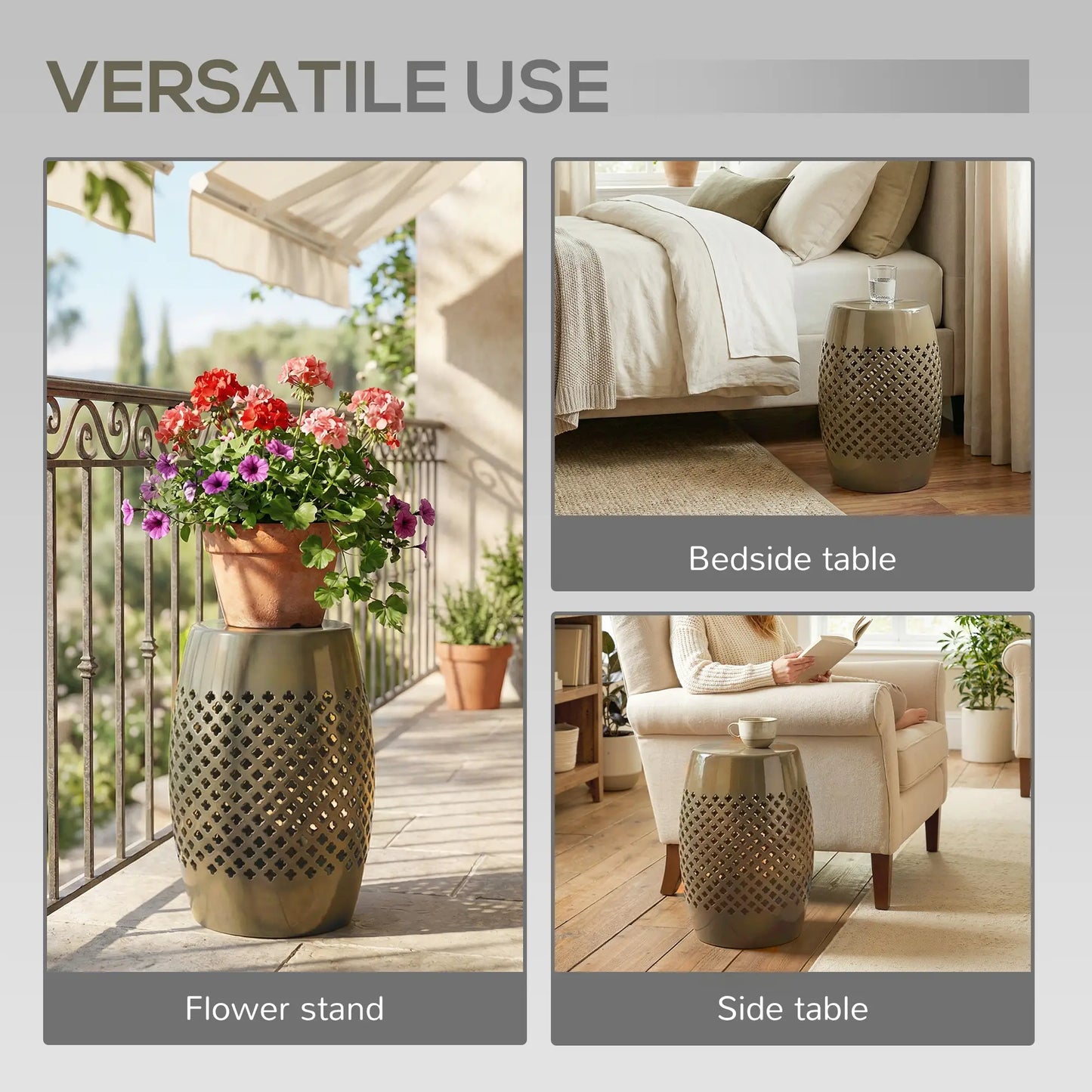 12.4" Steel Patio End Table, Round Hollow Drum Side Table, Khaki Patio Side Tables at Gallery Canada