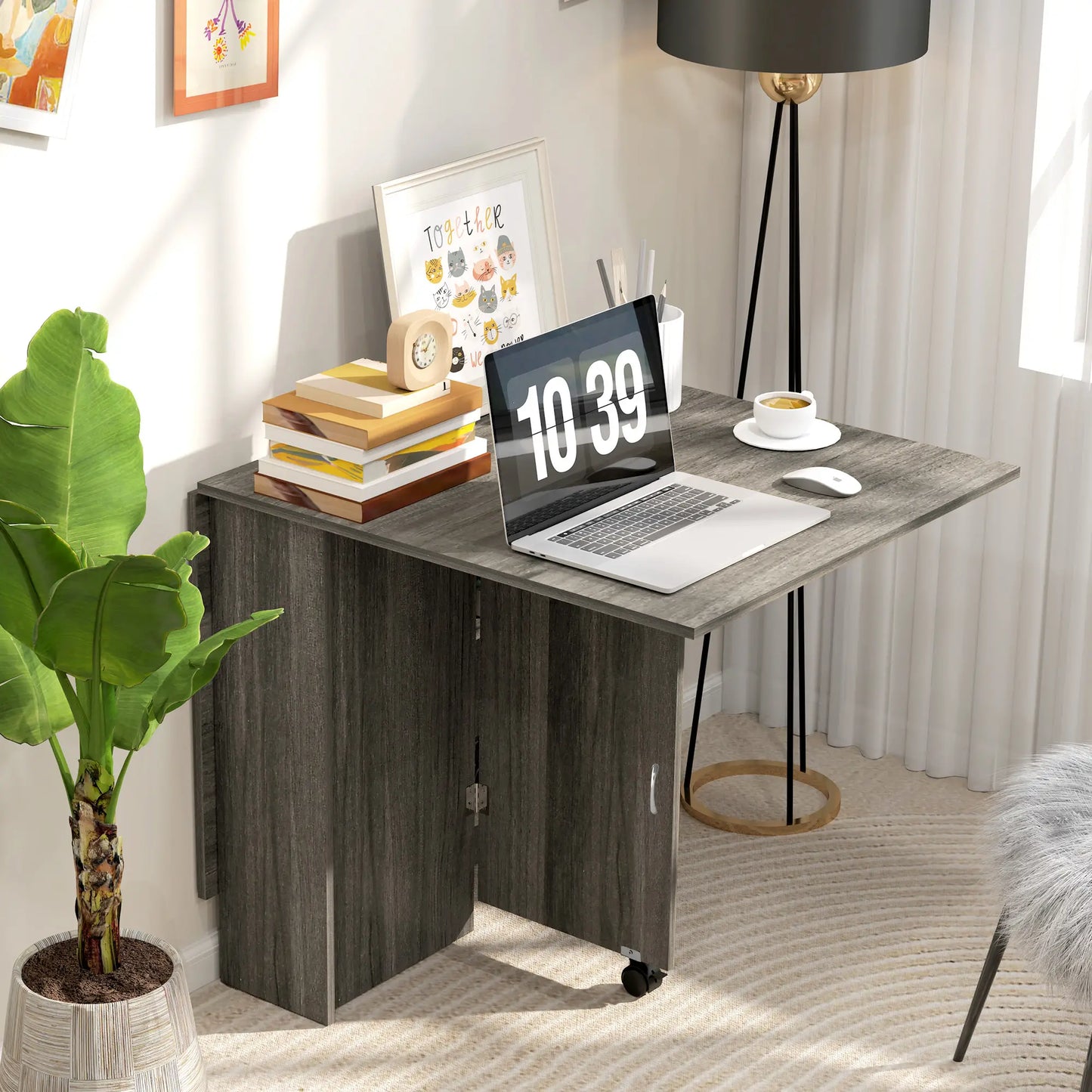 Extendable Dining Table, Collapsible w/ Shelves, Grey Wood Grain, Grey Dining Tables at Gallery Canada