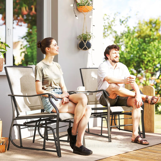 Double Patio Glider Chair, Glass Top Table, All Weather Mesh, Light Brown Outdoor Gliders Brown, Light Brown at Gallery Canada