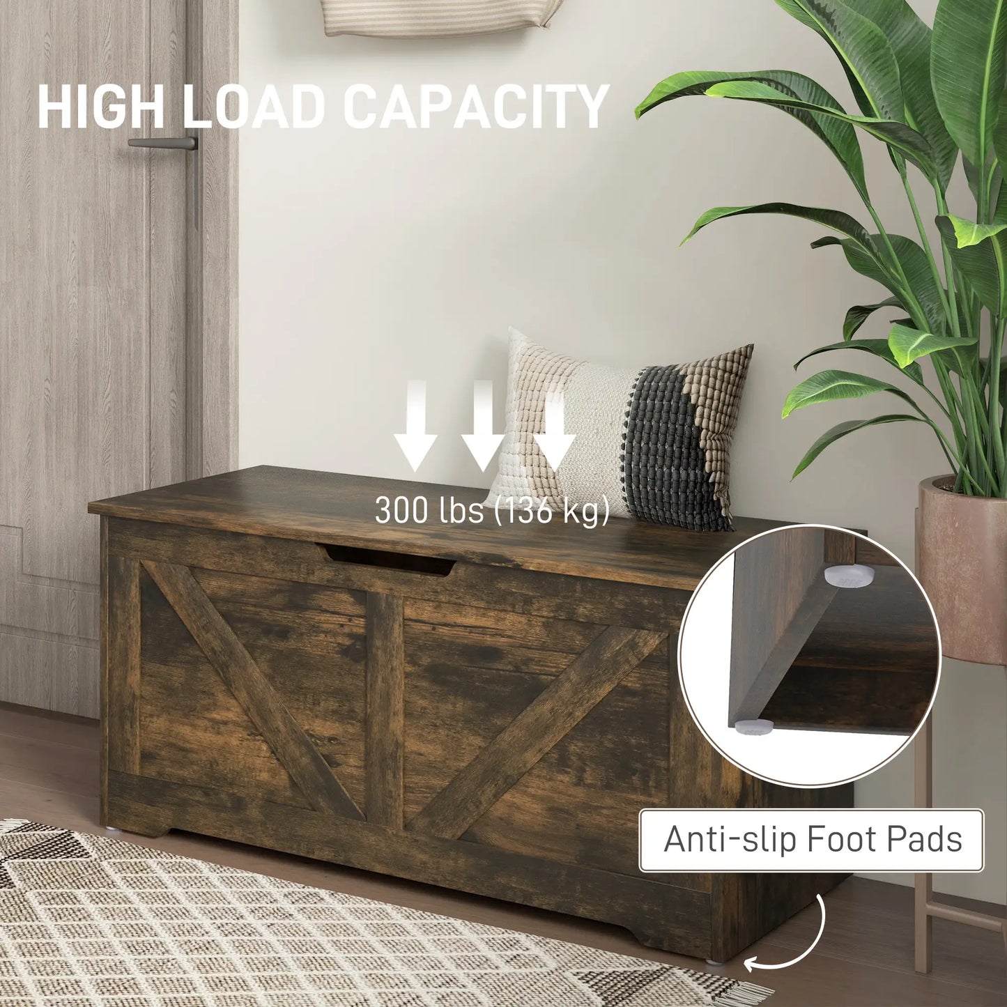 39.4 Inches Wooden Storage Chest, 2 Safety Hinges, Brown Wood Grain Storage Cabinets at Gallery Canada