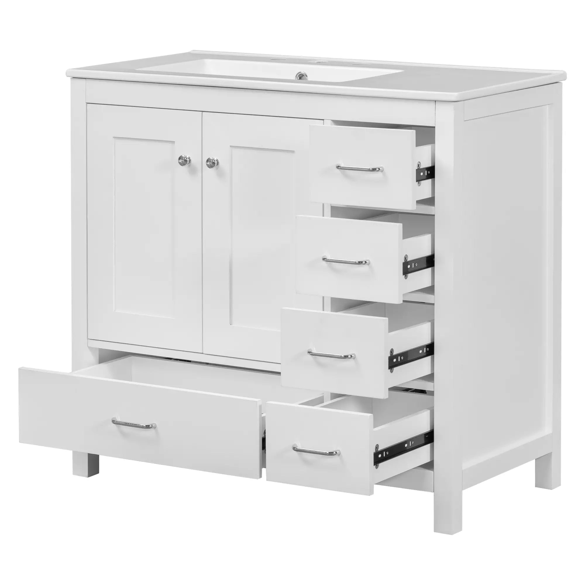 Bathroom Vanity, Ceramic Sink, 2 Soft Close Doors, 5 Drawers, 36