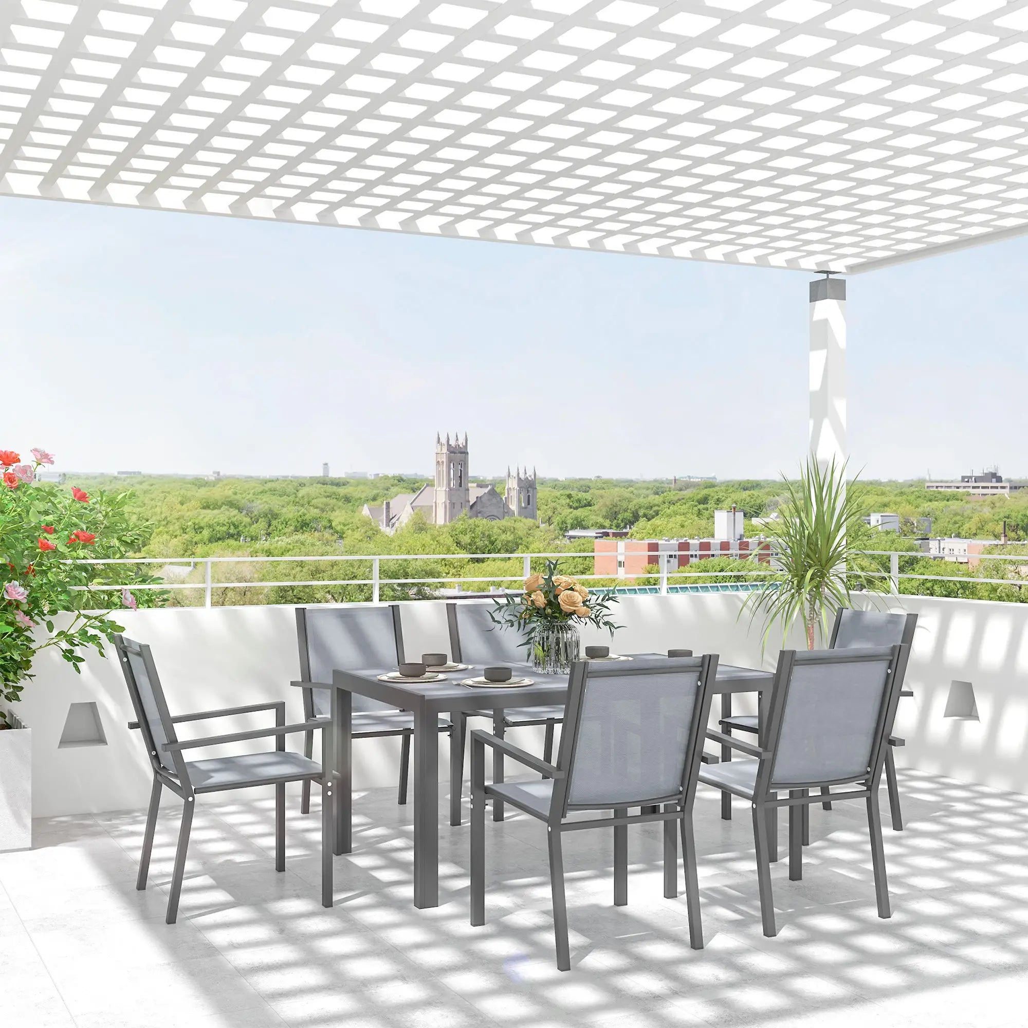 7 Piece Outdoor Dining Set, Rectangular Table, 6 Stackable Chairs Outdoor Dining Sets at Gallery Canada