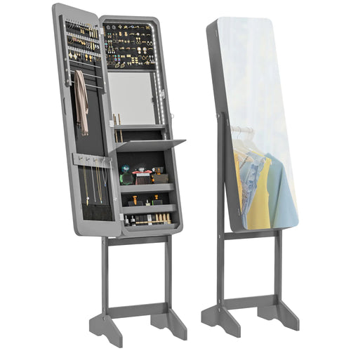 Standing Mirror Jewelry Cabinet, LED Lights, Angle Adjustable, Grey
