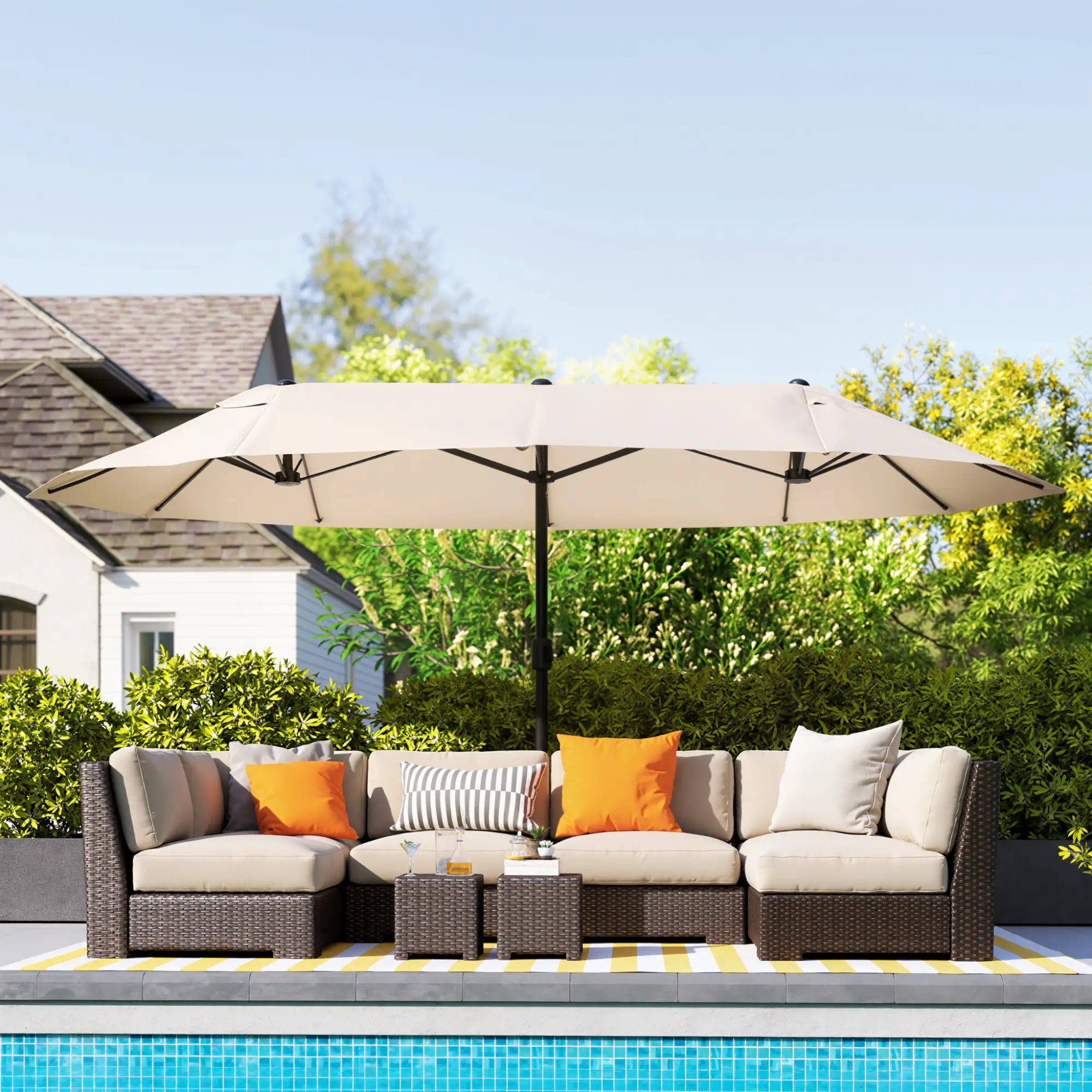 15' Outdoor Patio Umbrella, Twin Canopy Sunshade, Lift Crank, Beige Sun Umbrellas at Gallery Canada