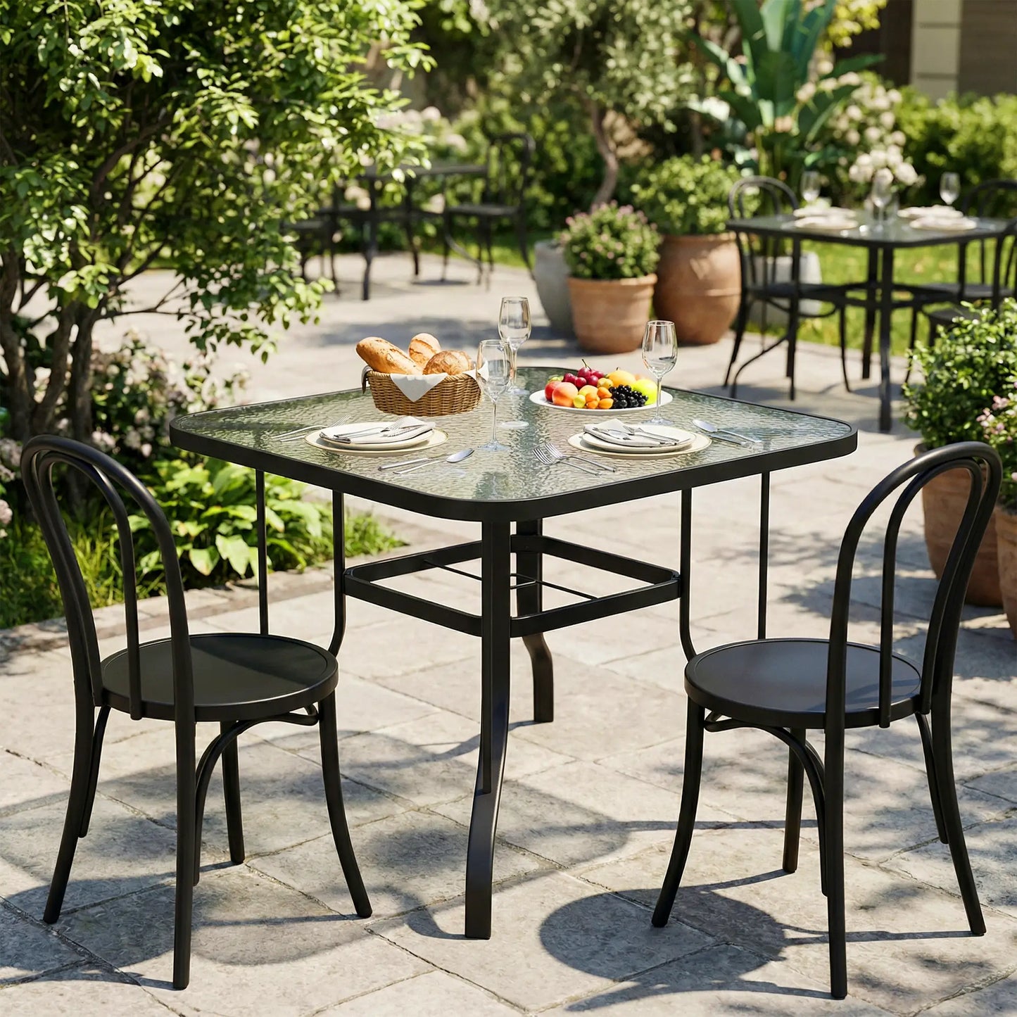 Tempered Glass Square Patio Table, 2.1" Umbrella Hole, 38" x 38" x 28" Patio Dinning Tables at Gallery Canada