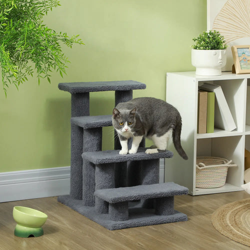 4-Step Carpeted Cat Scratching Post, Pet Stairs, Grey