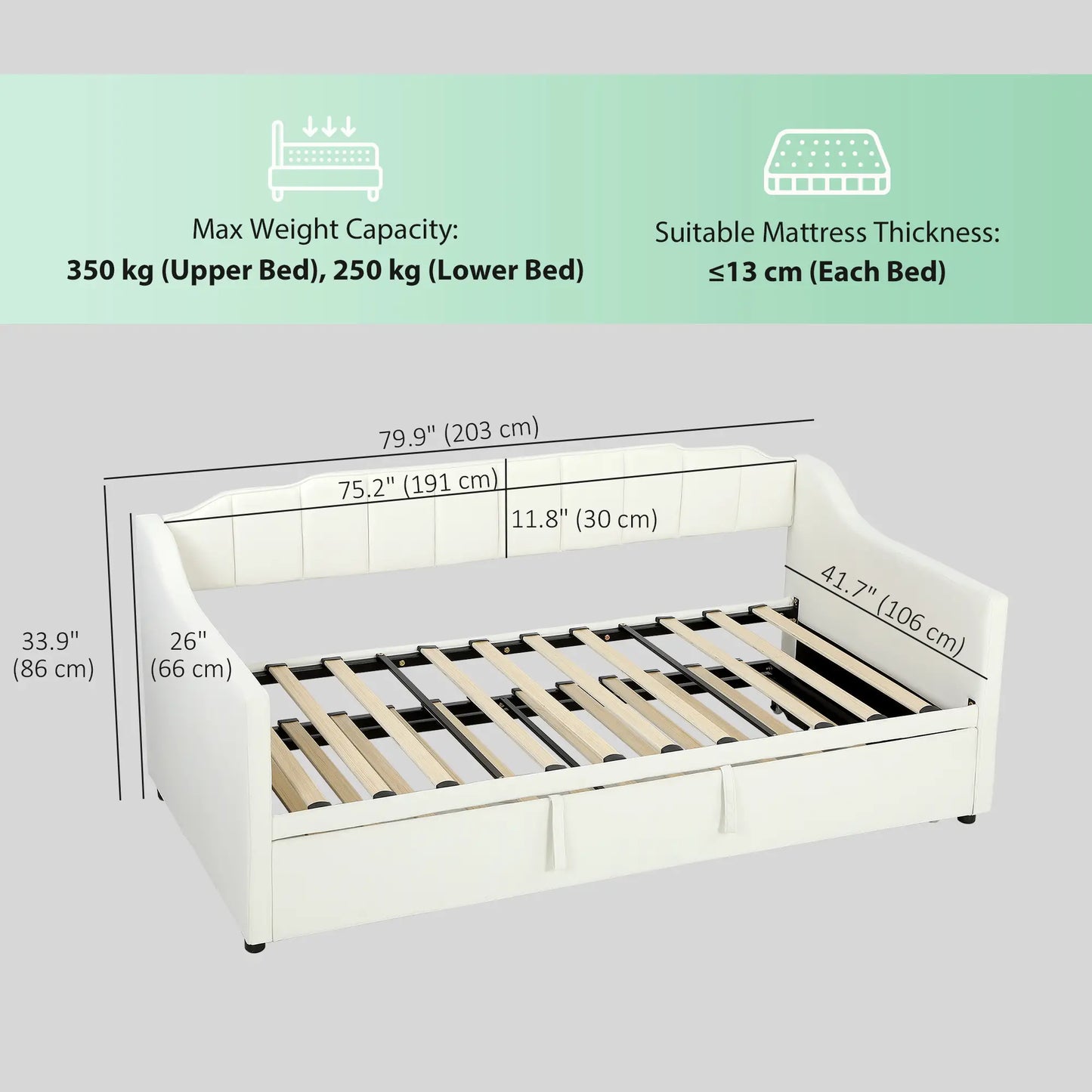 Upholstered Twin Trundle Bed, Extendable Twin To King, Cream White