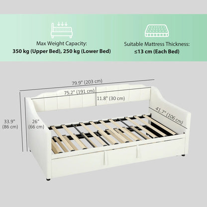 Upholstered Twin Trundle Bed, Extendable Twin To King, Cream White