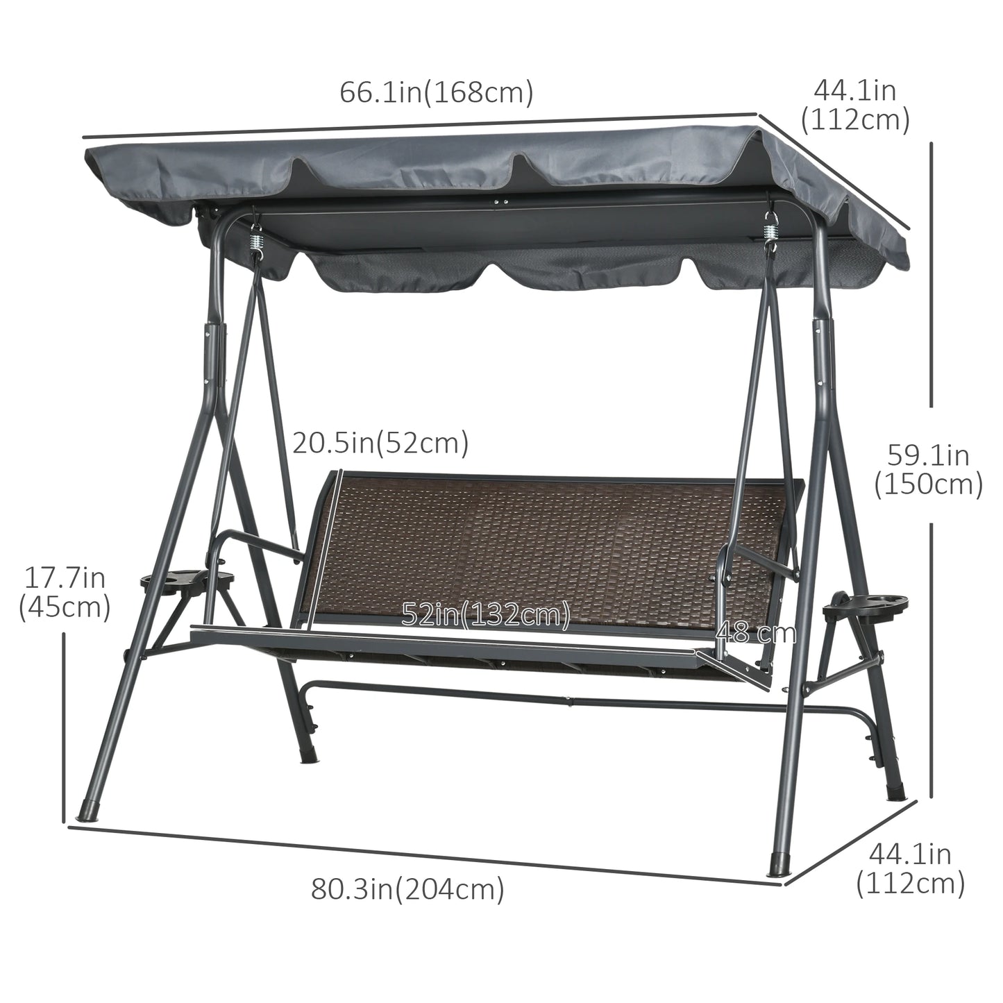 3-Seat Patio Swing Chair, Outdoor Canopy Glider, Rattan Seat, Steel Frame, Dark Grey Porch Swings with Canopy at Gallery Canada