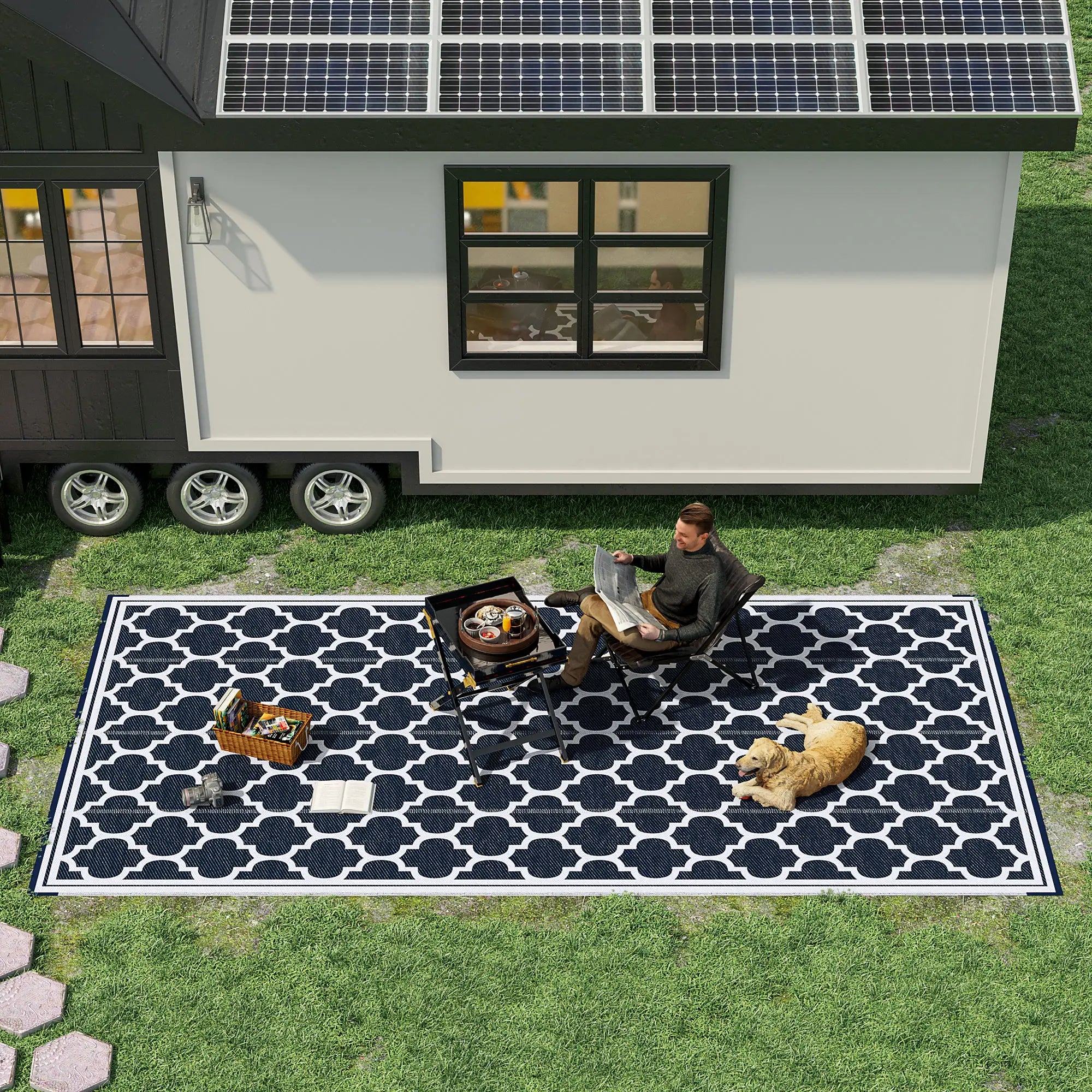 Reversible Outdoor RV Rug, 9' x 18', White, Patio Mat, Dark Blue Outdoor Reversible Rugs at Gallery Canada