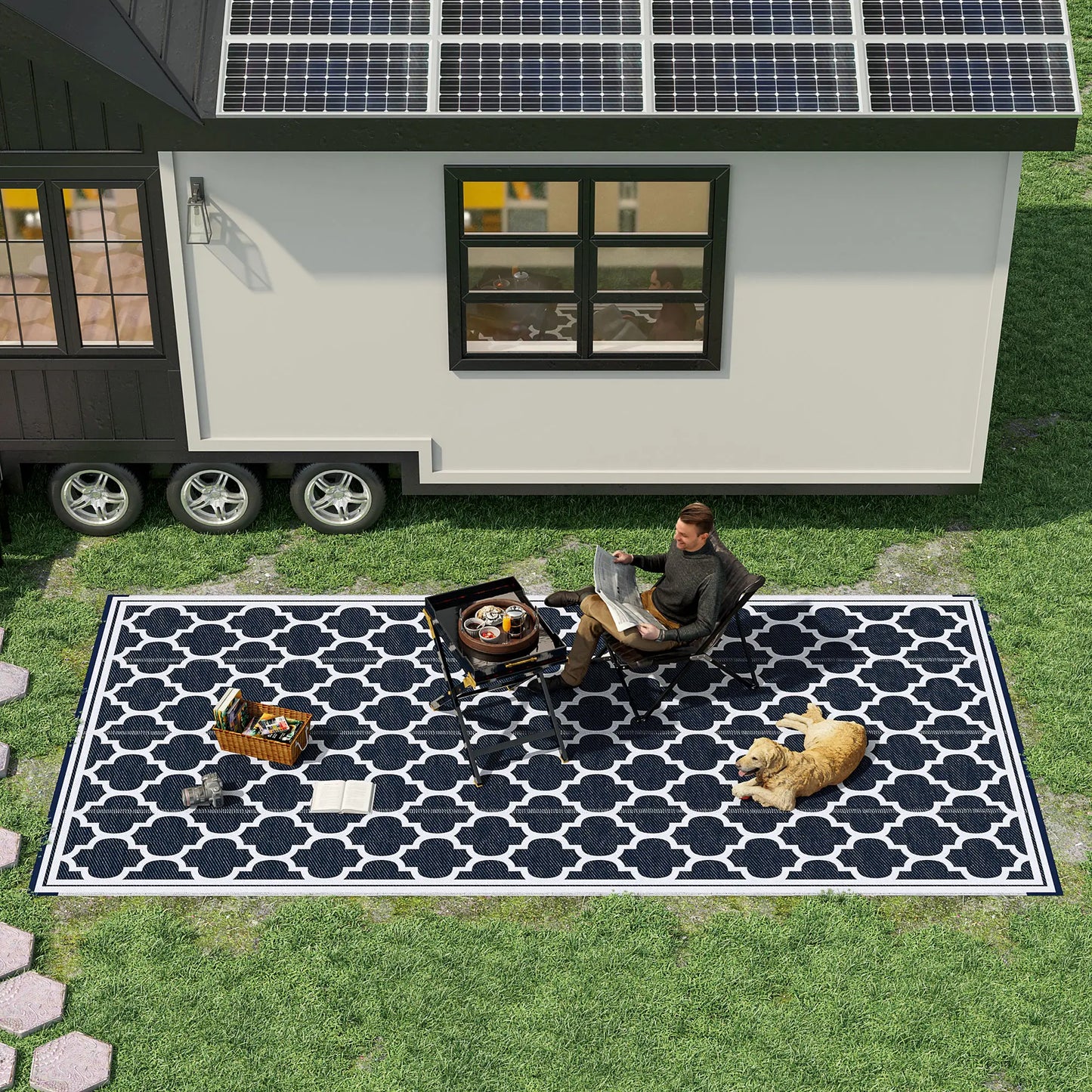 Reversible Outdoor RV Rug, 9' x 18', White, Patio Mat, Dark Blue Outdoor Reversible Rugs at Gallery Canada
