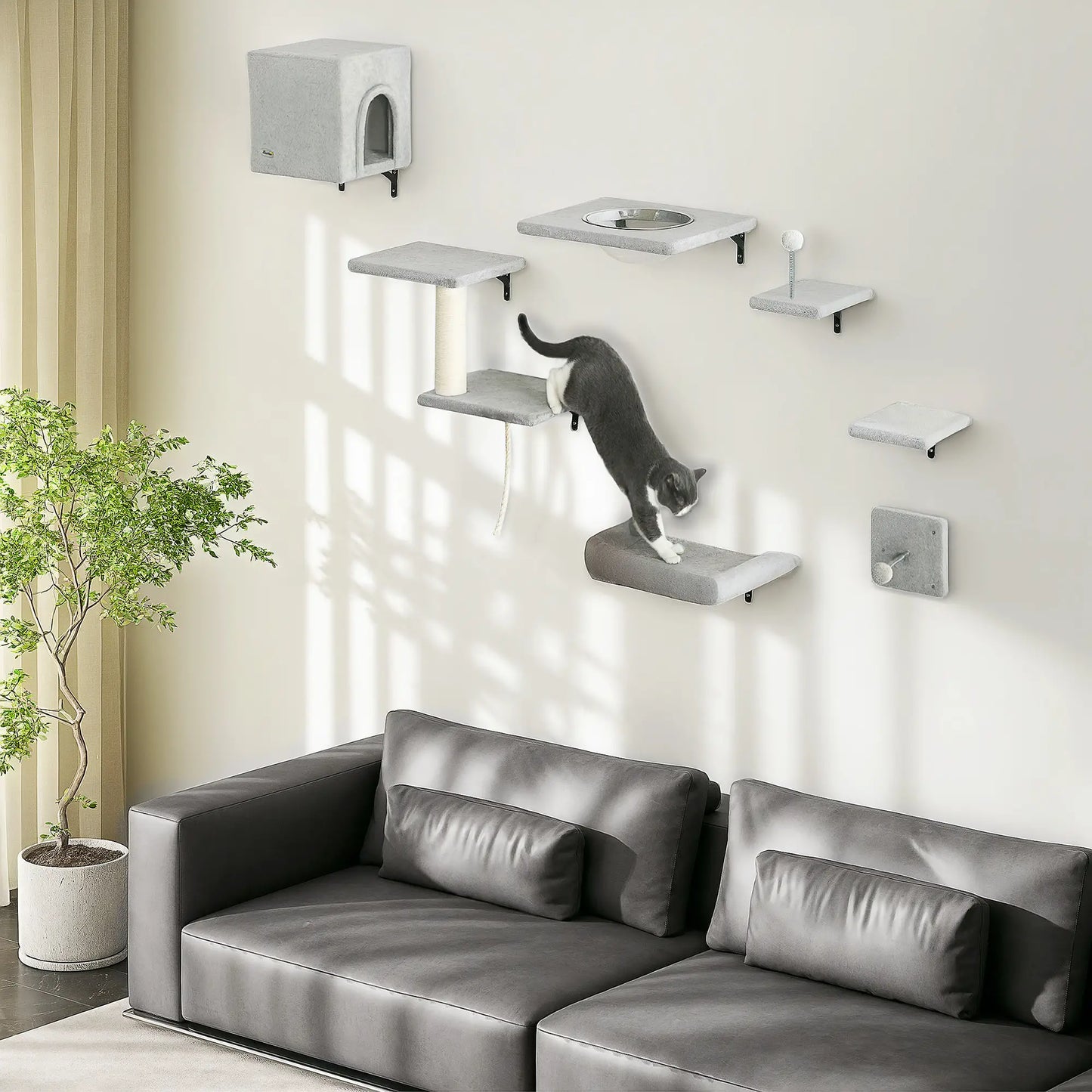 Cat Wall Shelves Set of 7, Perches with House, Sisal Ladder, Bed, Grey Cat Climbing Wall at Gallery Canada