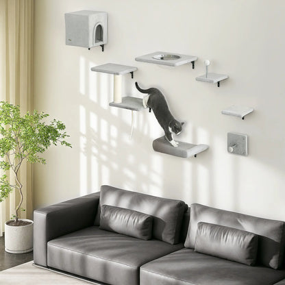 Cat Wall Shelves Set of 7, Perches with House, Sisal Ladder, Bed, Grey Cat Climbing Wall at Gallery Canada
