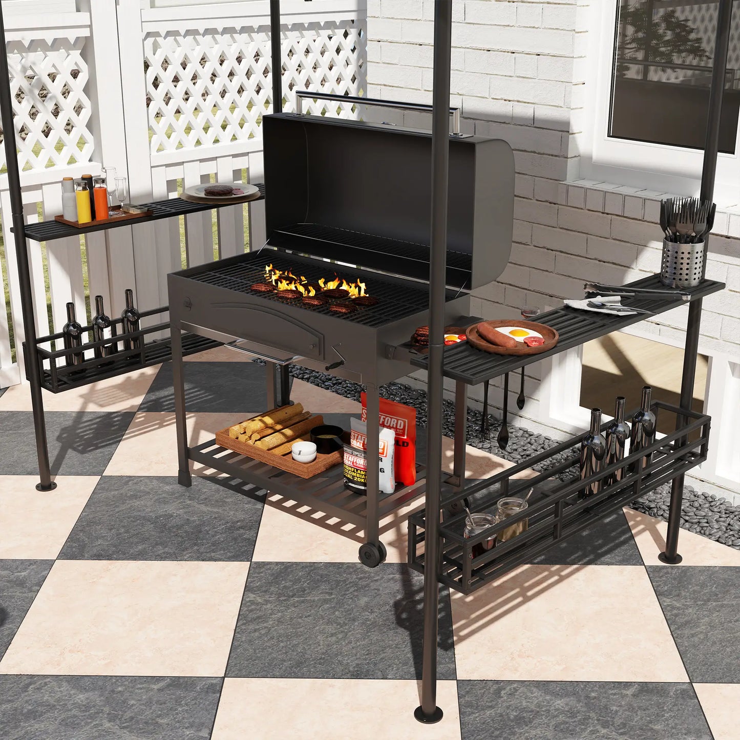 8' x 5' BBQ Gazebo, 2-Tier With Shelves, Storage Basket, Dark Grey BBQ Grill Gazebos at Gallery Canada