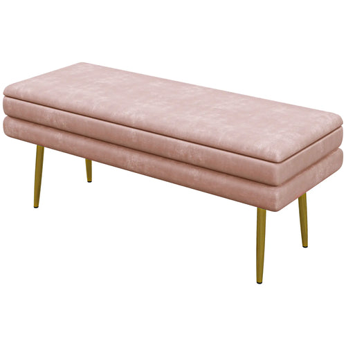 Velvet Upholstered Bench, Thick Padded Seat, Steel Legs, Pink