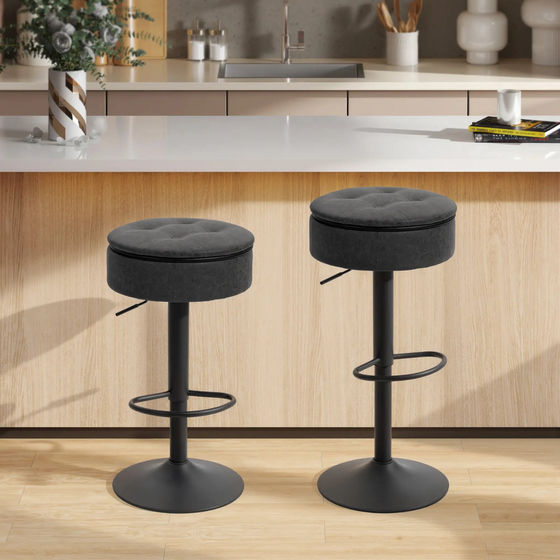 Set of 2 Barstools with Storage, Swivel, PU Leather, Footrest, Steel Base, Black Bar Stools at Gallery Canada