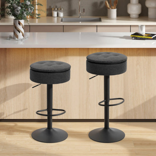 Set of 2 Barstools with Storage, Swivel, PU Leather, Footrest, Steel Base, Black