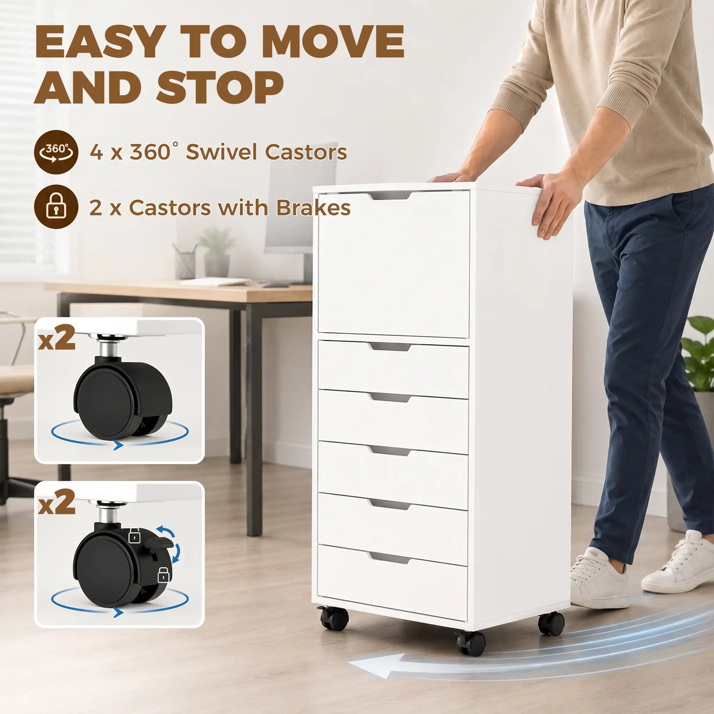 Mobile File Cabinet, 5 Drawers, White