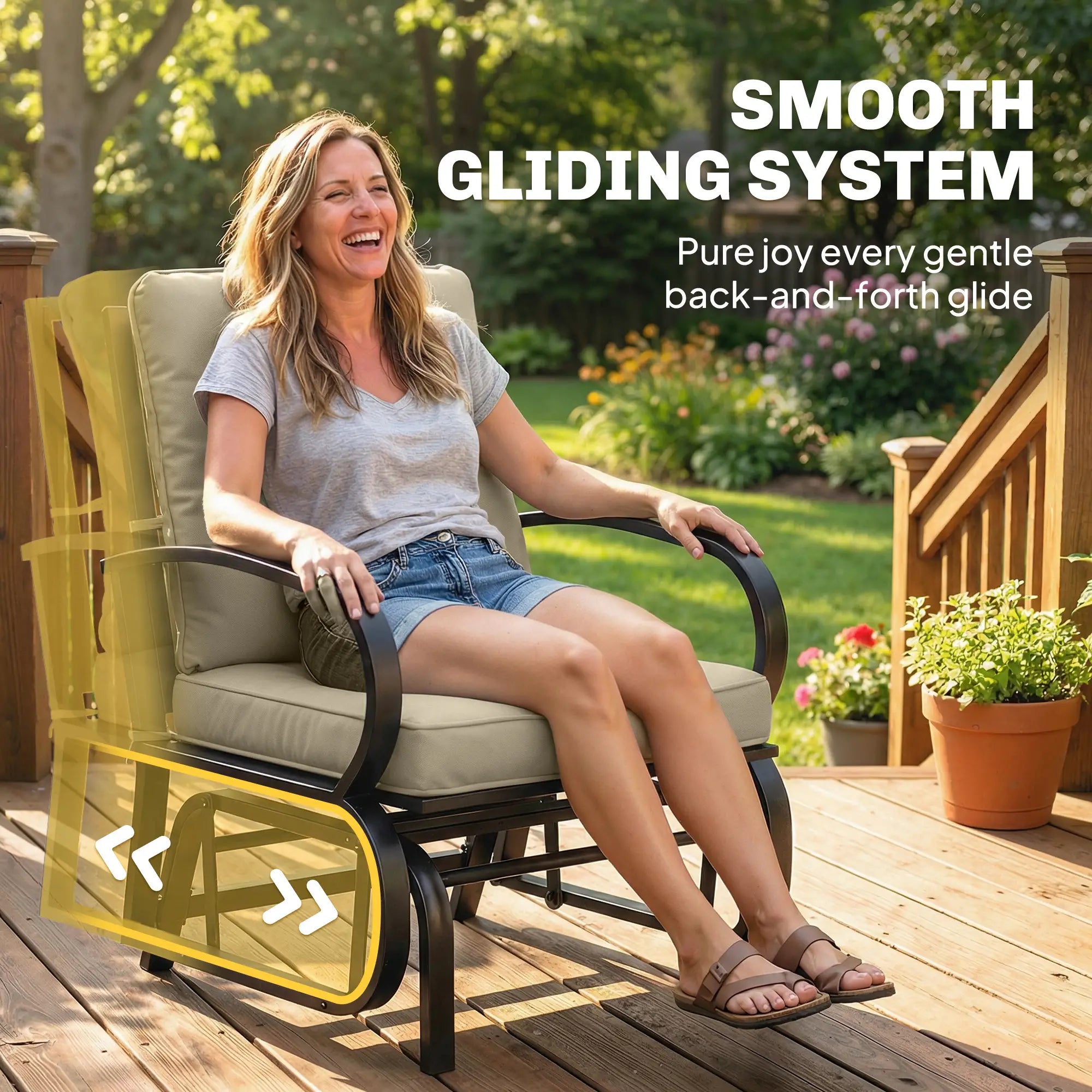 Patio Glider Chair With Cushions, Steel Frame, Curved Armrests, Beige Outdoor Gliders at Gallery Canada