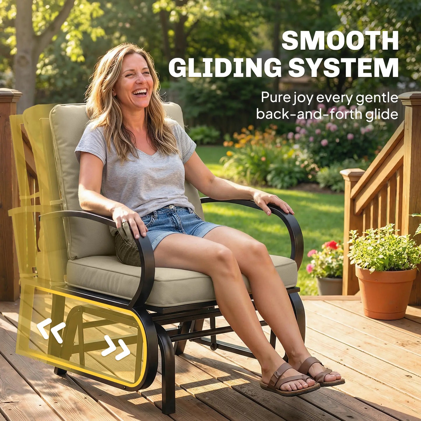 Patio Glider Chair With Cushions, Steel Frame, Curved Armrests, Beige Outdoor Gliders at Gallery Canada