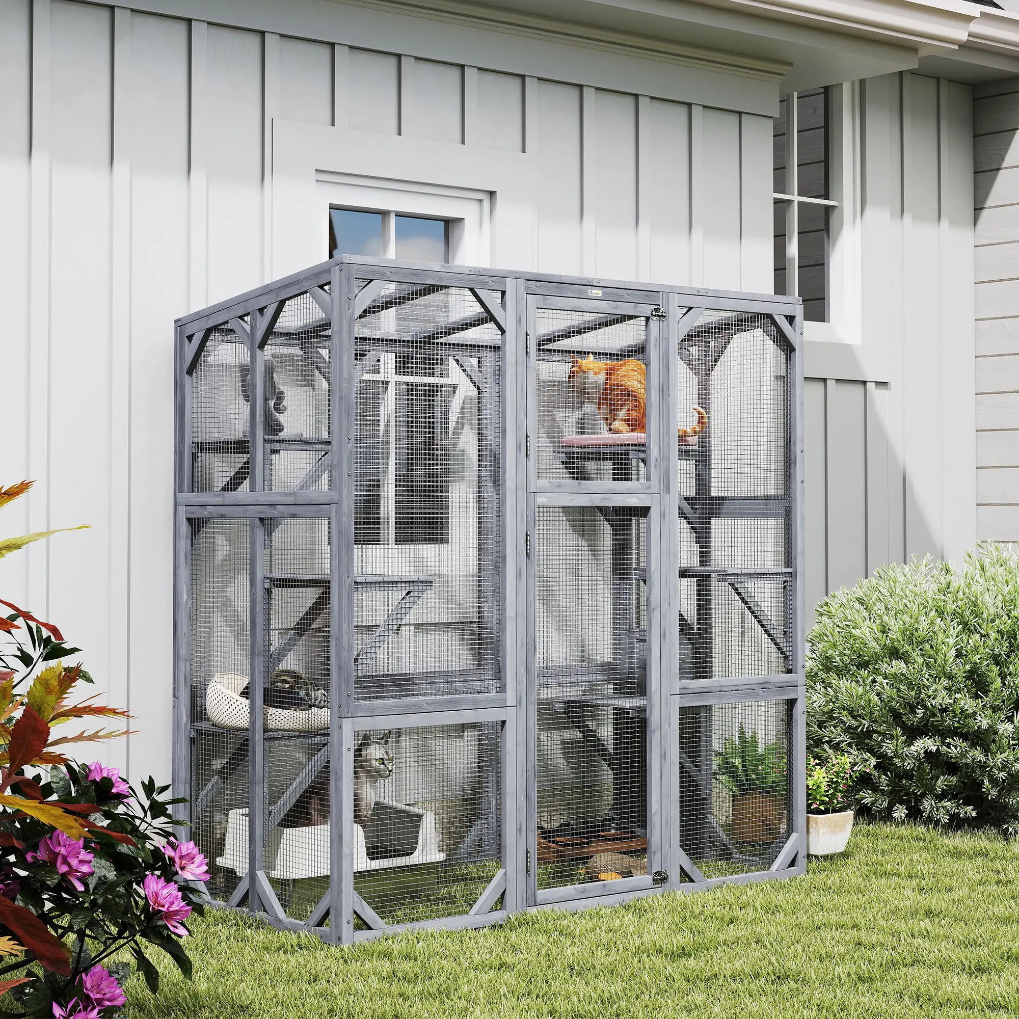Outdoor Cat Enclosure, 6 Jumping Platforms, Weatherproof Roof, Large Door, 59