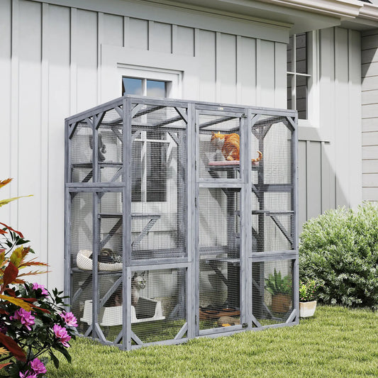 Outdoor Cat Enclosure, 6 Jumping Platforms, Weatherproof Roof, Large Door, 59" x 28" x 60", Grey Outdoor Cat Enclosures Grey at Gallery Canada