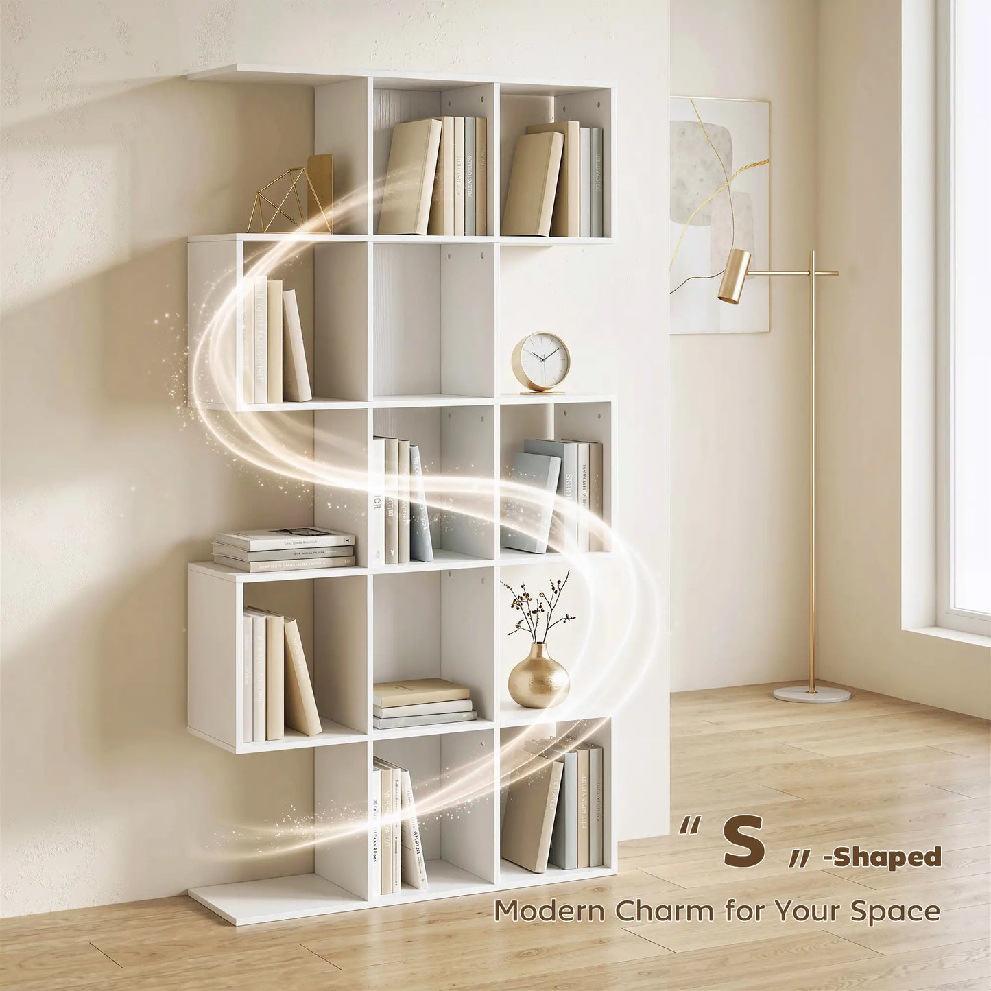 S-Shaped 5-Tier Bookshelf, 15 Compartments, White Wood Grain, White Display Bookshelves at Gallery Canada