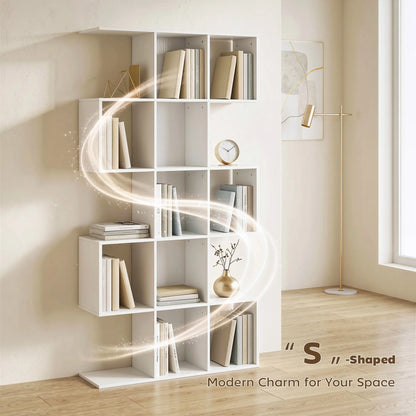 S-Shaped 5-Tier Bookshelf, 15 Compartments, White Wood Grain, White Display Bookshelves at Gallery Canada