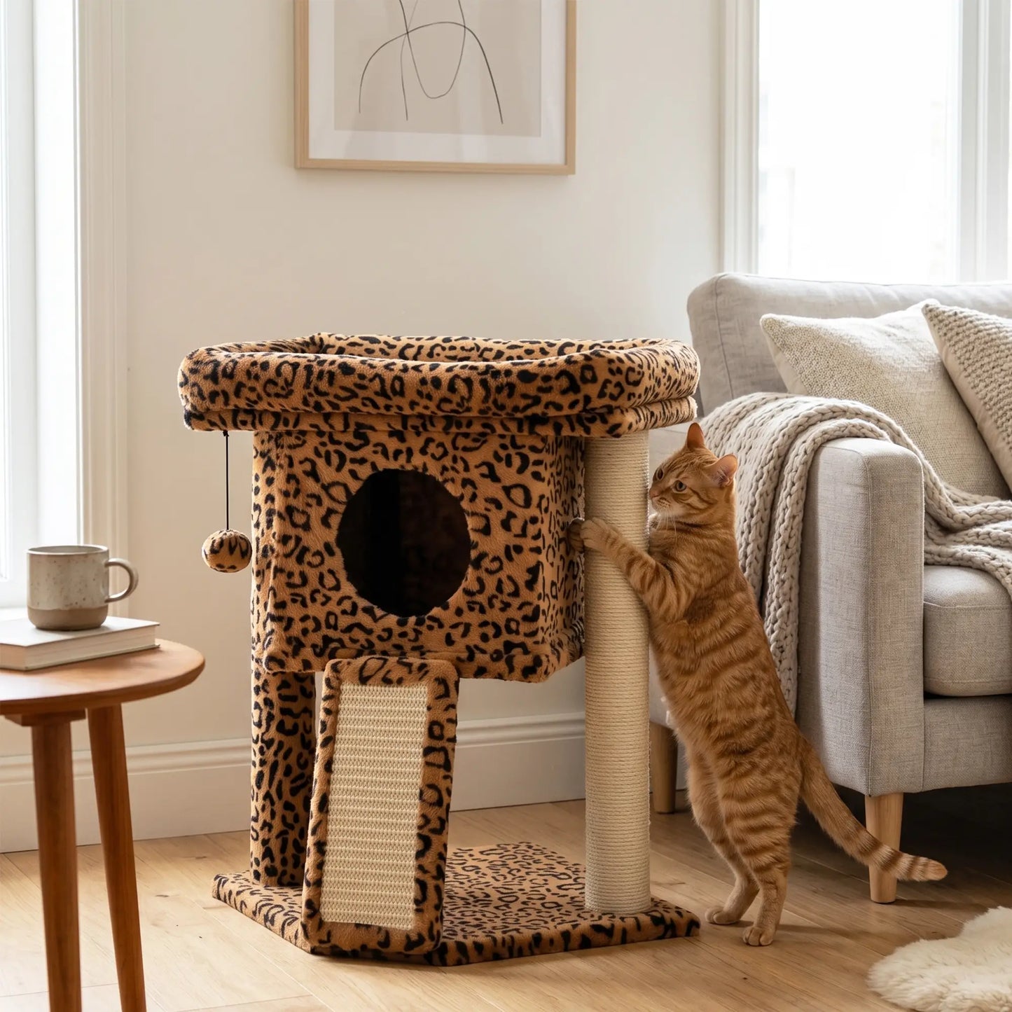 Cat Tree, Small Cat Tower with Perch, Scratching Post, Cat Condo, Toy Ball for Kitty, Leopard Print Compact Towers at Gallery Canada