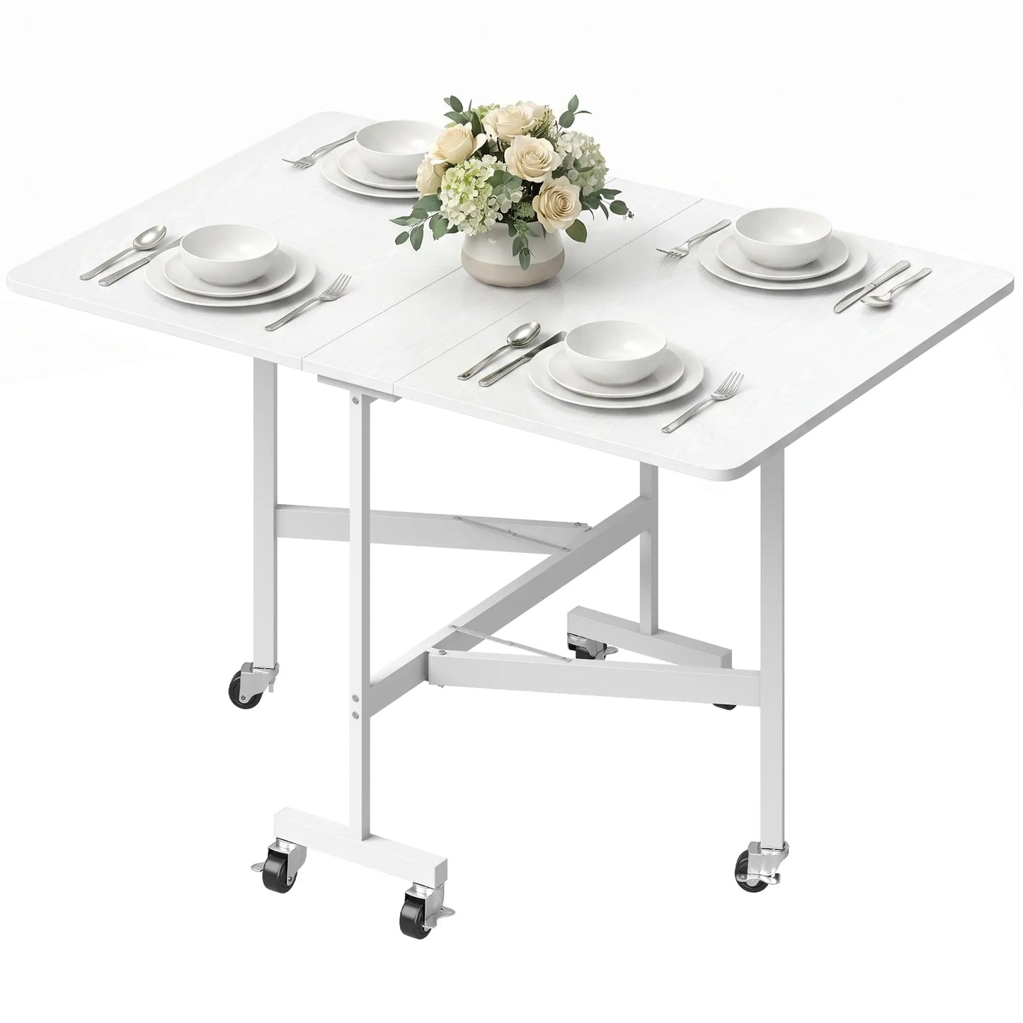 Six-Seater Drop-Leaf Dining Table with Wheels, White