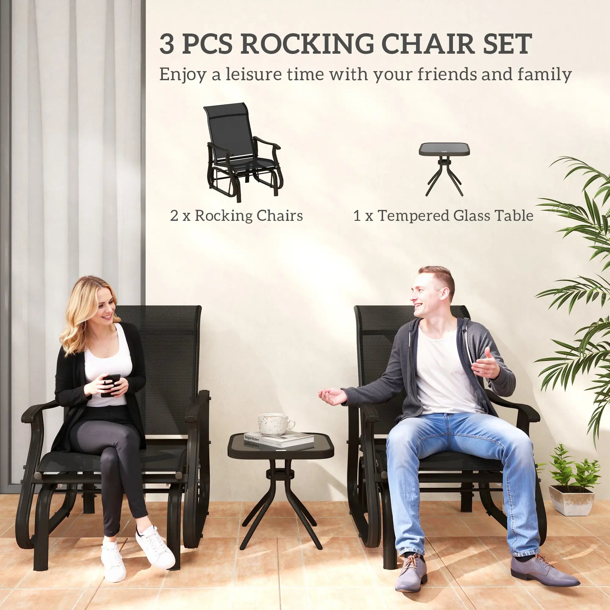 3PCs Gliding Rocking Chair, Bistro Tea Table Set, Black Outdoor Gliders at Gallery Canada
