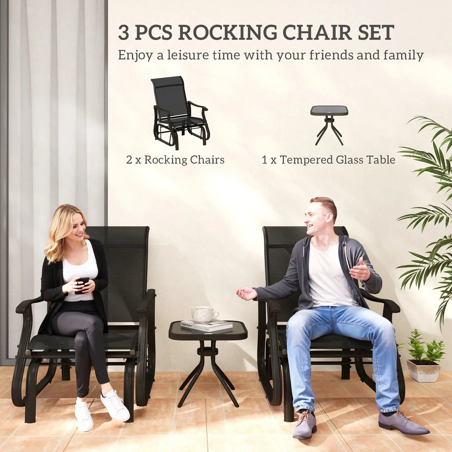 3PCs Gliding Rocking Chair, Bistro Tea Table Set, Black Outdoor Gliders at Gallery Canada