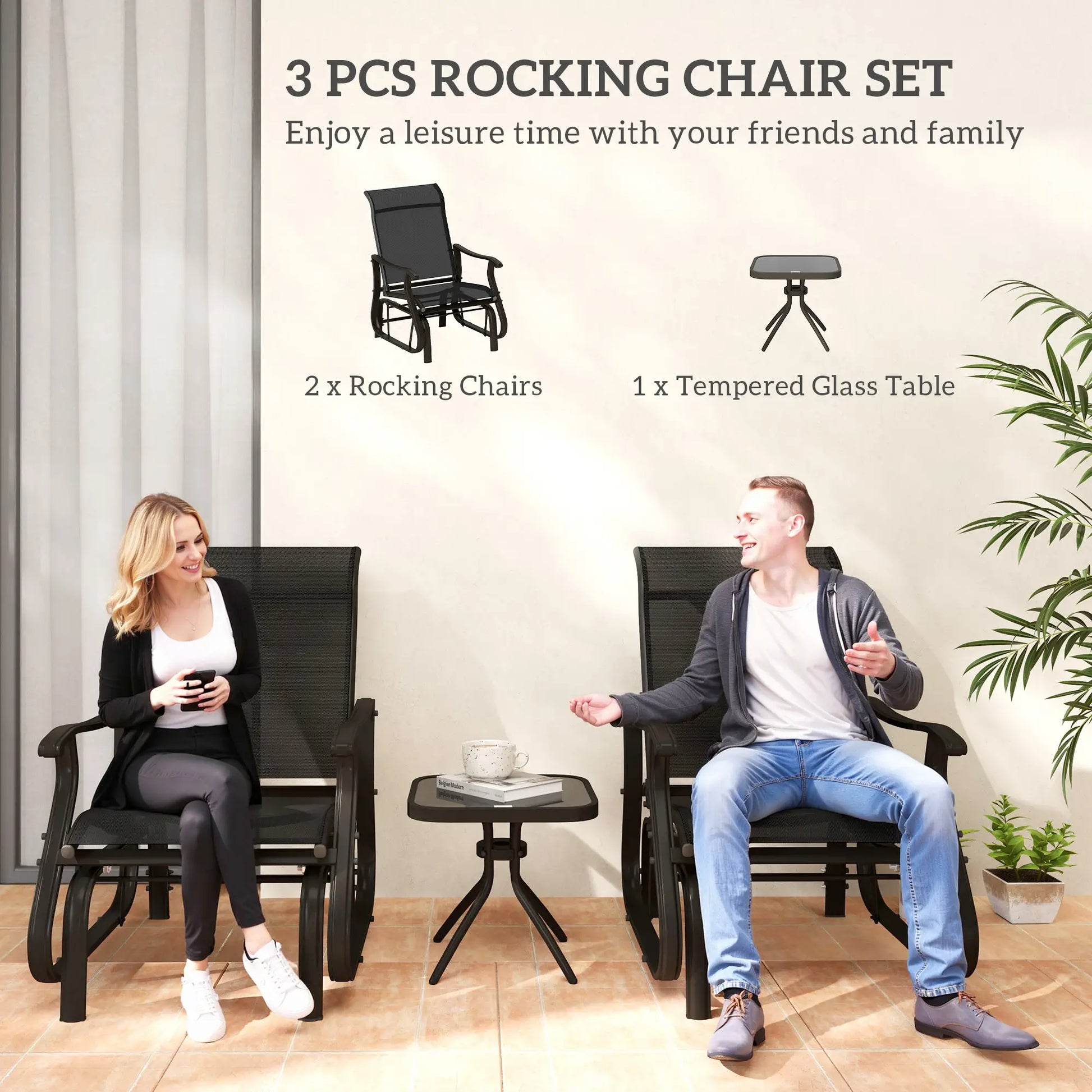 3PCs Gliding Rocking Chair, Bistro Tea Table Set, Black Outdoor Gliders at Gallery Canada