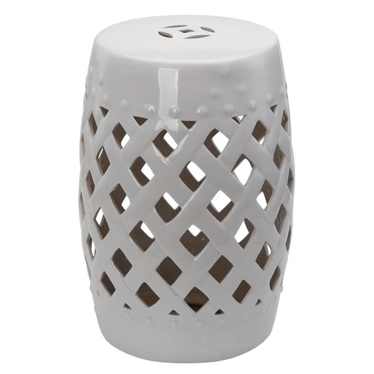 18" Ceramic Garden Stool, Woven Lattice Design, Indoor Outdoor, White Patio Chairs White at Gallery Canada