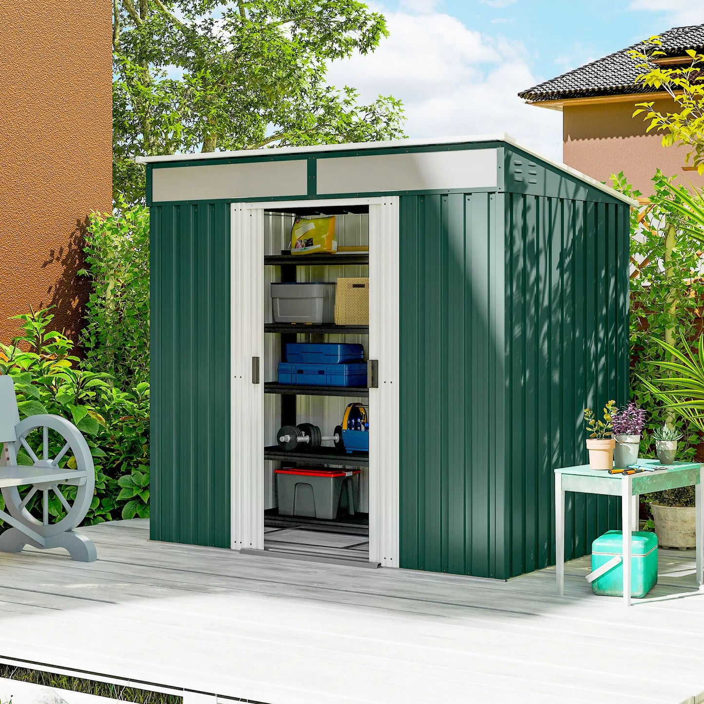 6.5x4FT Galvanised Metal Shed, Foundation Kit, Sliding Doors, Vents, Green