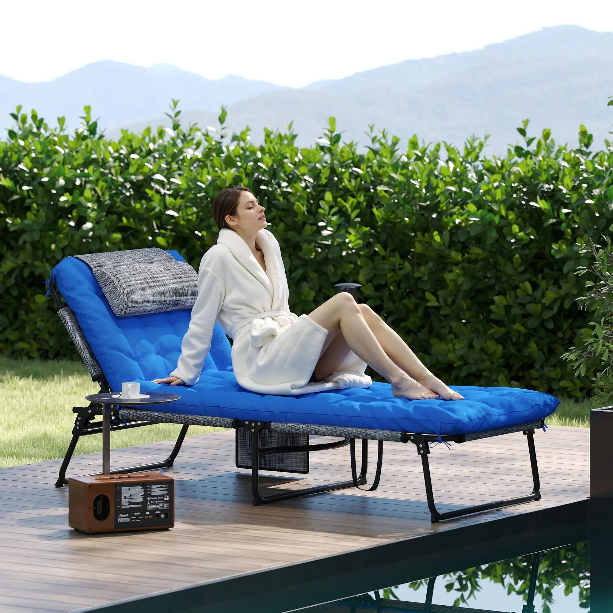 Folding Lounge Chair, 4-Level Reclining Back, Cushion, Blue Lounger Chairs at Gallery Canada