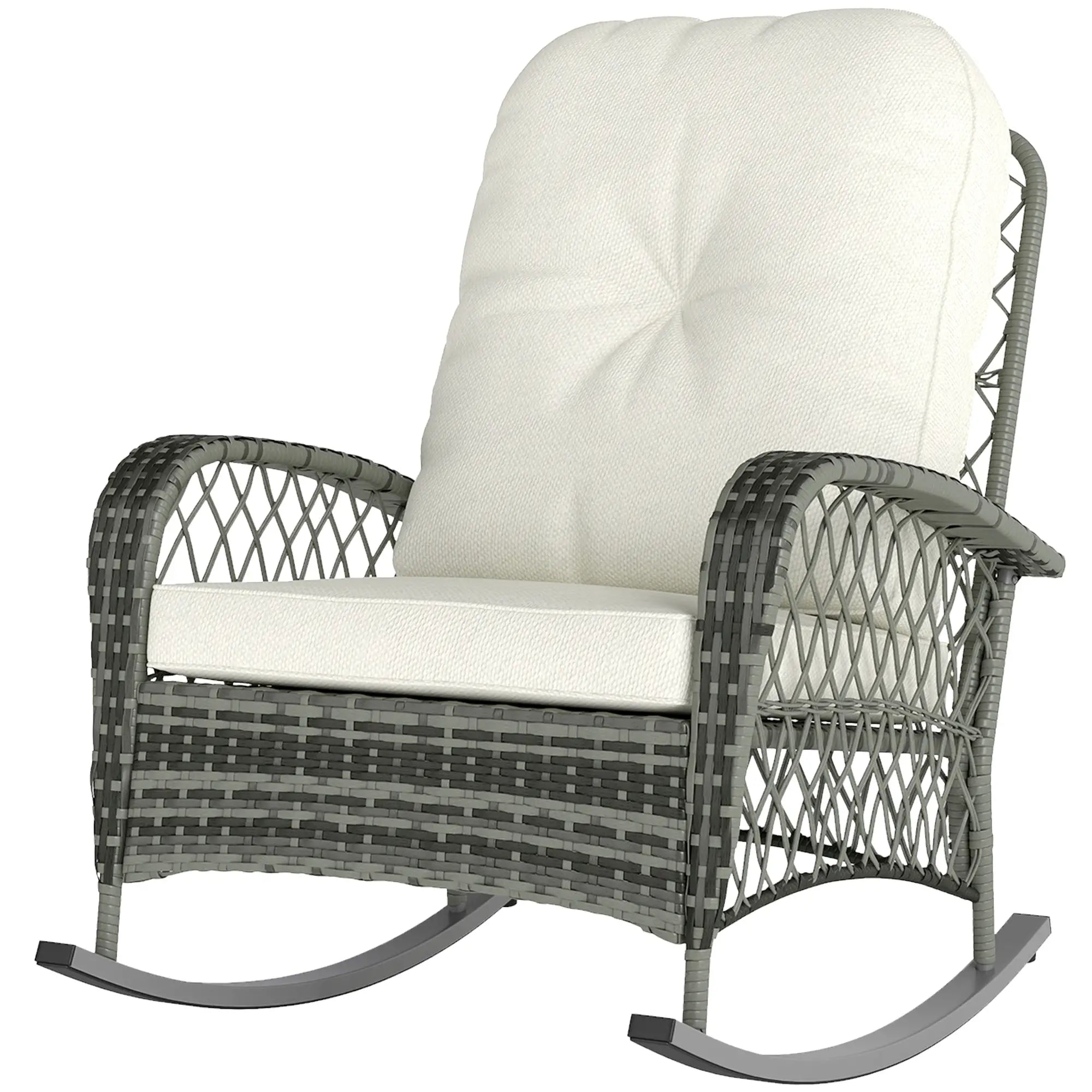 Rattan Rocking Chair, Outdoor Wicker Patio Rocker with Cushions, Khaki Outdoor Rocking Chairs at Gallery Canada