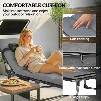 2 PCS Folding Chaise Lounge Chairs, Adjustable 5-Position, Cushion, Canopy, Side Pocket