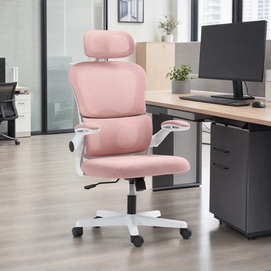 Mesh Office Chair, Ergonomic Desk Chair, Flip-up Armrest, Rotatable Headrest, Adjustable Lumbar Support, Pink Office Chairs Pink at Gallery Canada