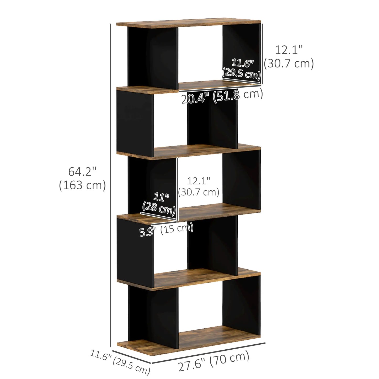 5 Tier Geometric S Shaped Bookcase, Tall Narrow Display Shelf, Rustic Brown Display Bookshelves at Gallery Canada