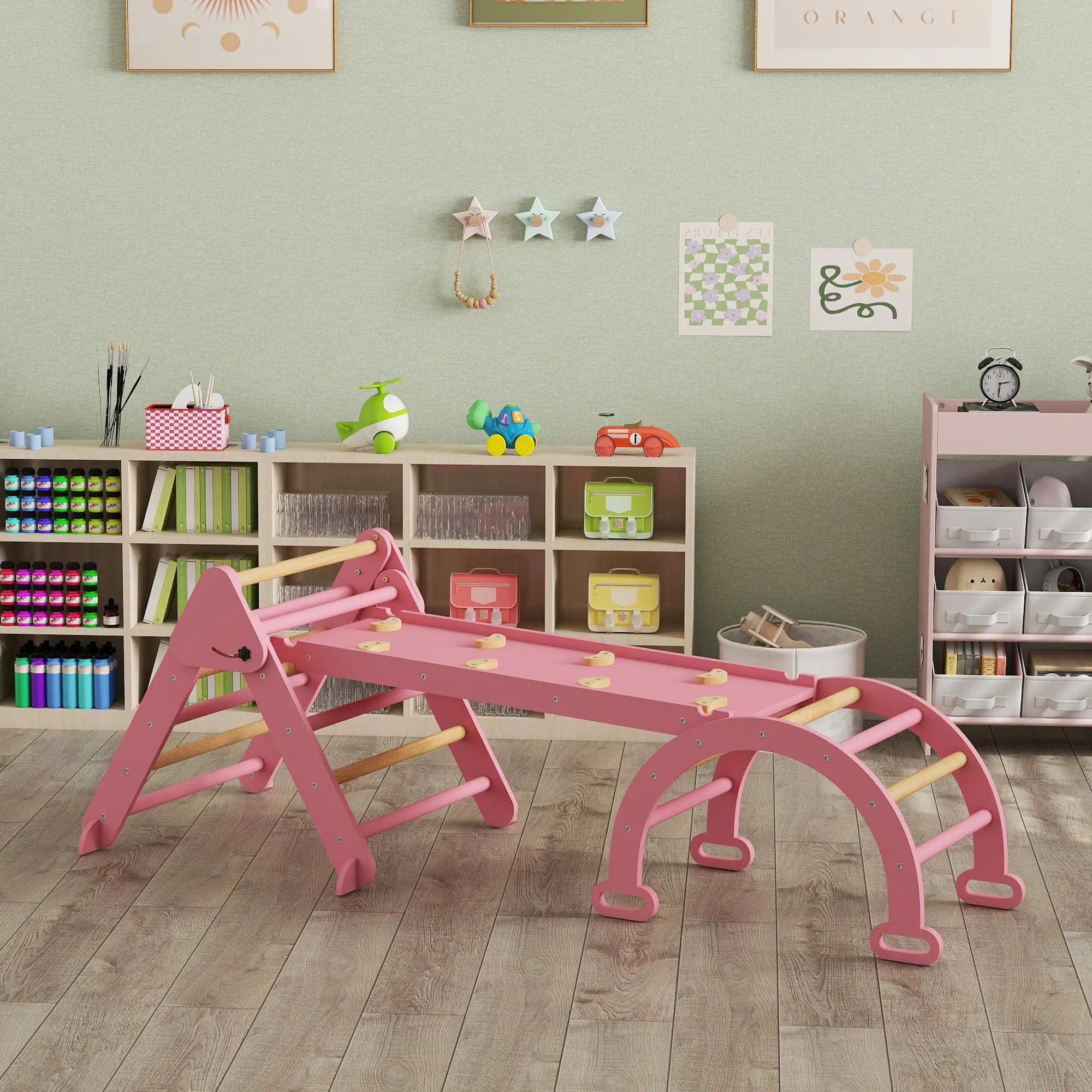 7-in-1 Pikler Triangle Set, Foldable Wooden Climbing Toys, Pink Kids Gym & Playmats at Gallery Canada
