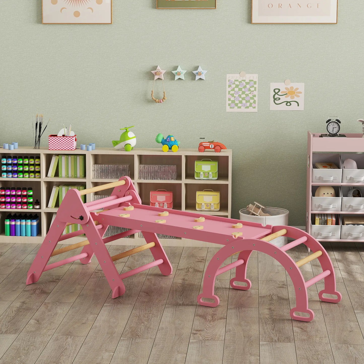 7-in-1 Pikler Triangle Set, Foldable Wooden Climbing Toys, Pink Kids Gym & Playmats at Gallery Canada