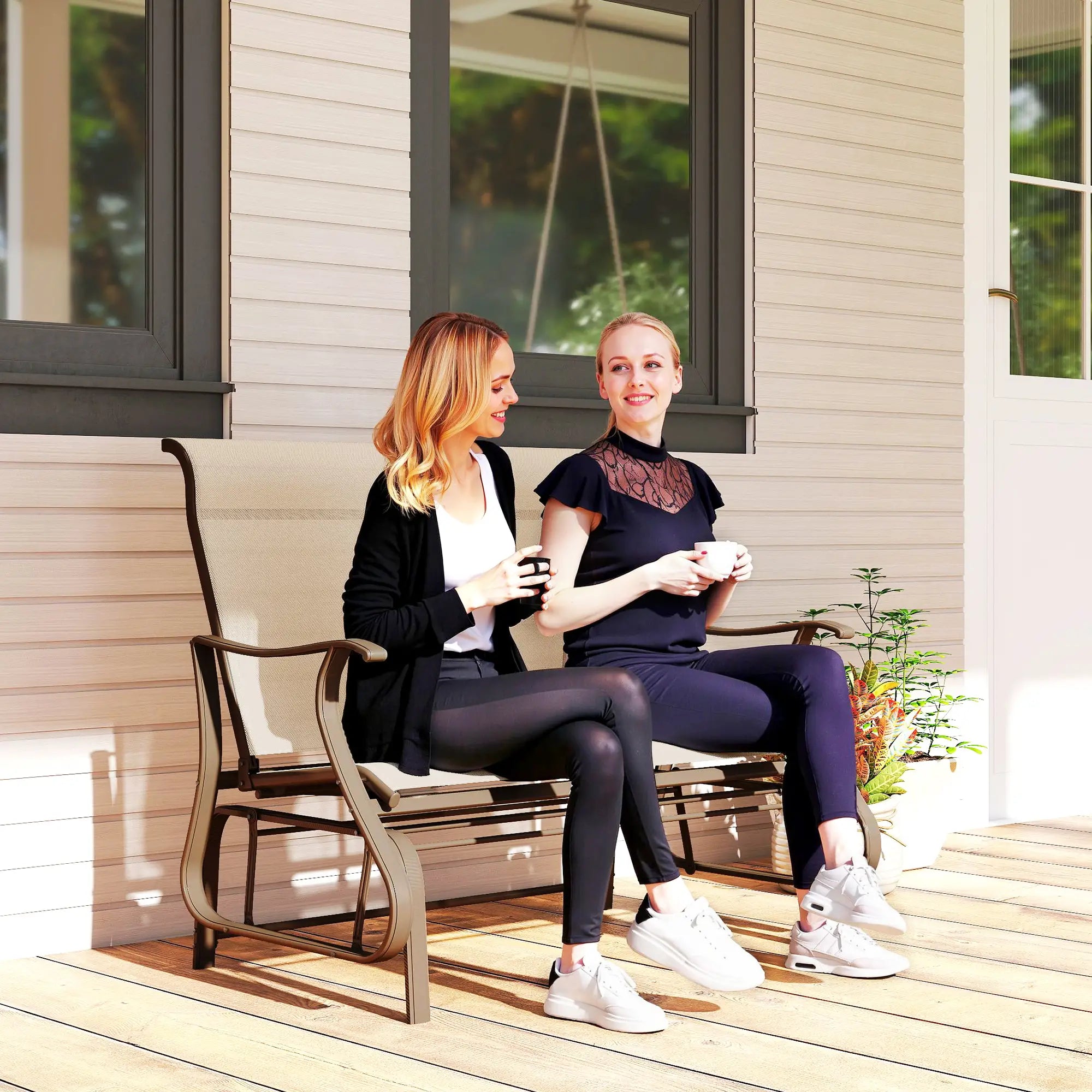 2-Person Outdoor Glider Chair, Mesh Seat, Steel Frame, Khaki Outdoor Gliders at Gallery Canada